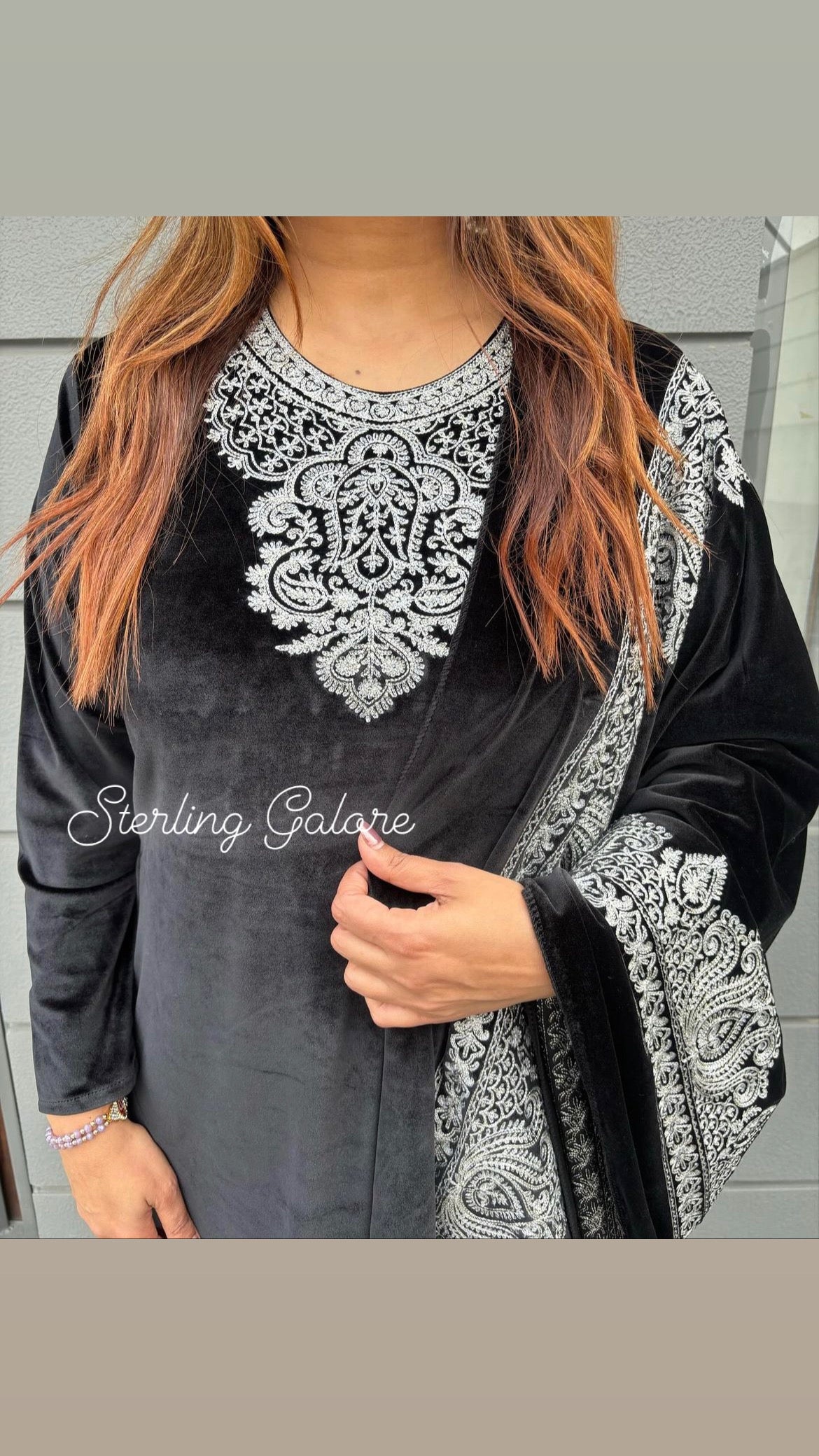 Velvet suit with embroided shawl