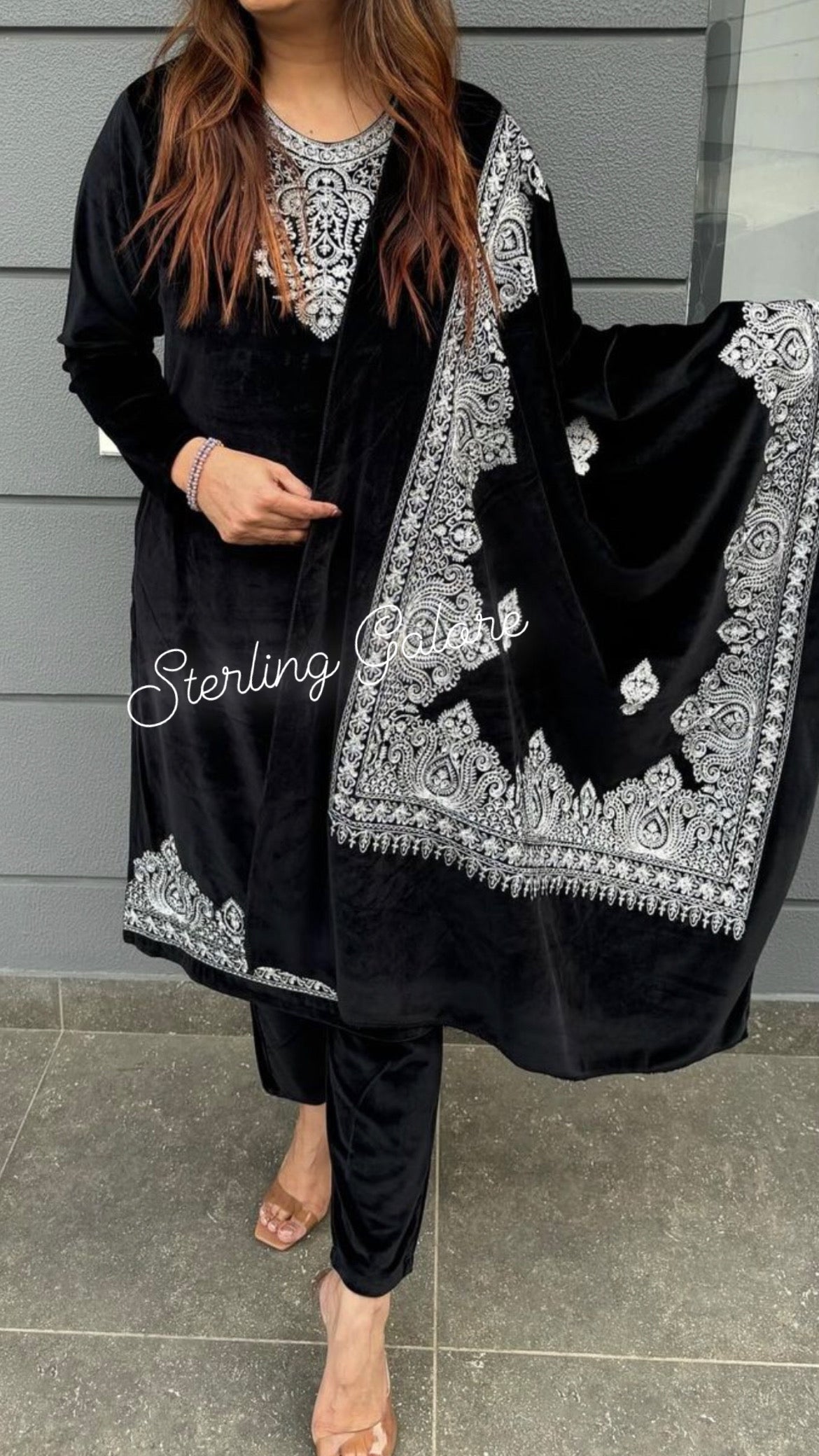 Velvet suit with embroided shawl